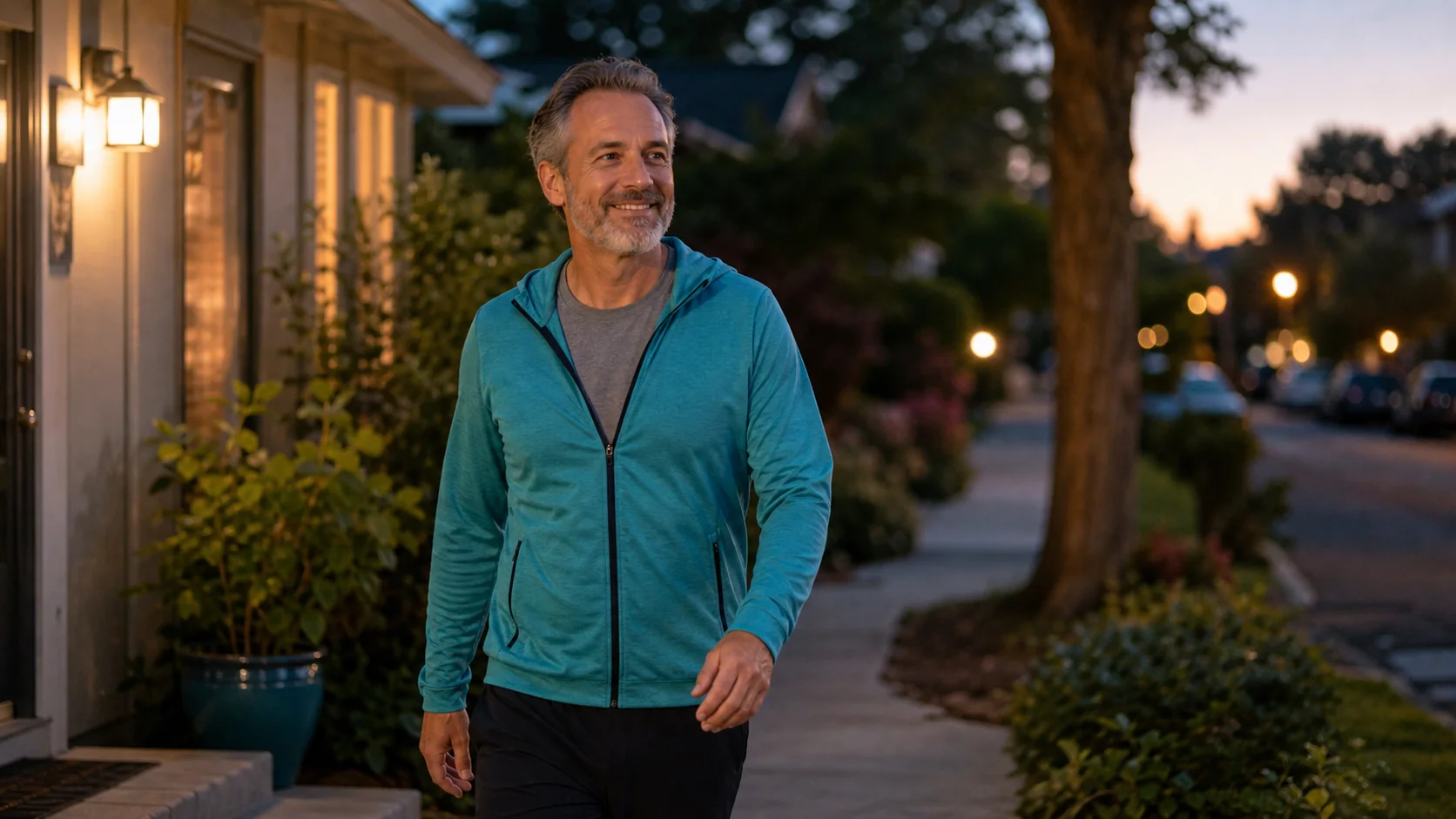 Smiling person returning from an evening walk